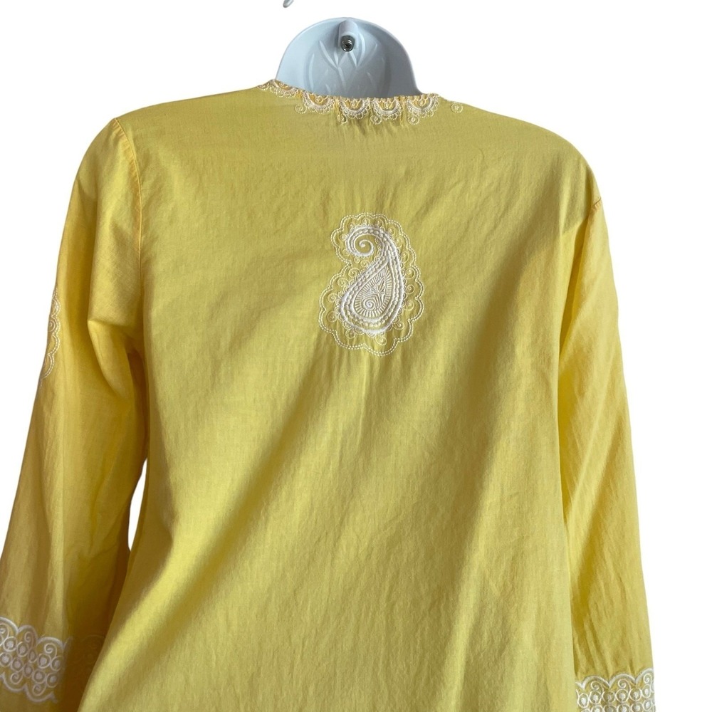 Mud Pie Women Boho Coastal Embroidered Tunic S Yellow Cotton V-Neck Coverup - Picture 4 of 9